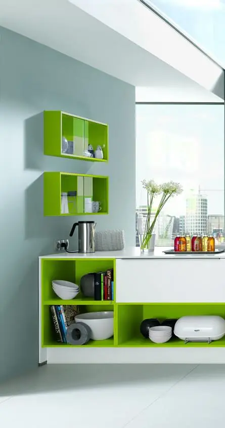 Cocina moderna con estanterías verdes y accesorios de diseño funcional, estilo Hause